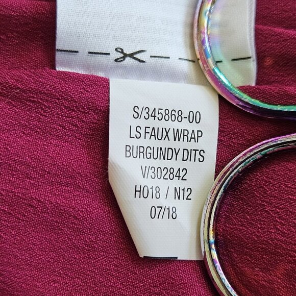 Old Navy Faux Wrap Dress Women L Wine LS Midi Lined Ruffles Dainty Floral Boho - Picture 15 of 16